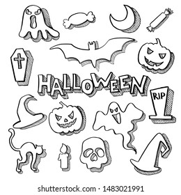 Set of 16 vector halloween elements. Black Sketches  isolated on white background.