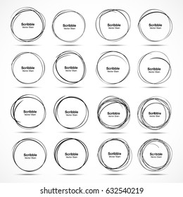 Set of 16 vector hand drawn circles using sketch drawing scribble circle lines. Doodle circular logo design elements.