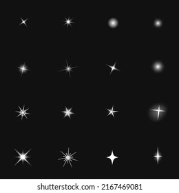 Set of 16 vector highlights or flares for design. Starlight, metal glitter, bokeh effect.