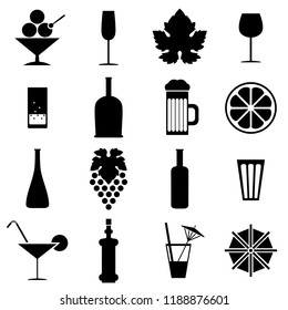Set of 16 vector icons of alcoholic beverages and cocktails: glasses, wine, beer, soda water, grape, bottles, champagne, slice of lemon, cocktail umbrella. Isolated, flat
