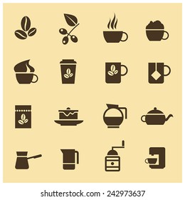 Set of 16 vector icons brown on beige background