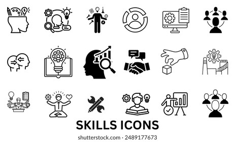 Set of 16 vector icons depicting essential skills, perfect for educational, professional, and business projects. Ideal for use in infographics, presentations, and websites.