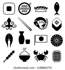 Set of 16 vector icons of Japanese traditional food: sushi, rolls, ramen, miso, yakitori, noodles, shrimp, octopus, salmon, tuna, crab, rice, sake, flag and symbol of Japan. Isolated, flat