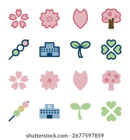 Un conjunto de 16 iconos vectoriales relacionados con la primavera, incluyendo flores de cerezo, escuela y tréboles de cuatro hojas.