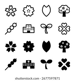 A set of 16 vector icons related to spring, including cherry blossoms, school, and four-leaf clovers.