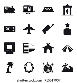 Set of 16 vector icons such as train, trailer, taxi, detector, ticket, airplane, suitcase, baggage, atm, hotel, bungalow, tent, palm, hawaiian wreath, disco ball, surfer