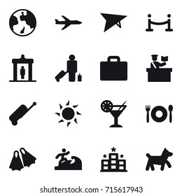 Set of 16 vector icons such as earth, plane, deltaplane, vip fence, detector, passenger, suitcase iocn, inspector, suitcase, sun, cocktail, cafe, flippers, surfer, hotel, dog