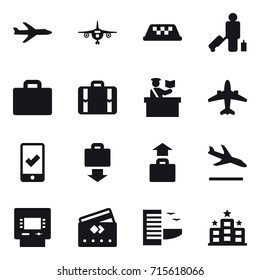 Set of 16 vector icons such as plane, plane, taxi, passenger, suitcase iocn, suitcase, inspector, airplane, mobile checking, baggage get, baggage, arrival, atm, credit card, hotel, hotel