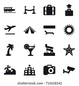 Set of 16 vector icons such as train, vip fence, suitcase, baggage, departure, tent, lounger, sun, palm, cocktail, aquapark, starfish, surfer, hotel, camera, surveillance