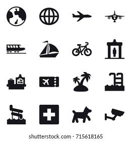 Set Of 16 Vector Icons Such As Earth, Globe, Plane, Plane, Train, Sail Boat, Bike, Detector, Baggage Checking, Ticket, Island, Pool, Aquapark, First Aid, Dog, Surveillance