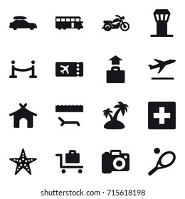 Set of 16 vector icons such as car baggage, bus, motorcycle, airport tower, vip fence, ticket, baggage, departure, bungalow, lounger, island, first aid, starfish, baggage trolley, camera, tennis