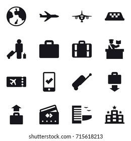 Set of 16 vector icons such as earth, plane, plane, taxi, passenger, suitcase iocn, suitcase, inspector, ticket, mobile checking, suitcase, baggage get, baggage, credit card, hotel, hotel