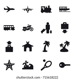 Set of 16 vector icons such as plane, plane, train, train, bus, motorcycle, passenger, baggage get, baggage, bungalow, palm, island, starfish, surfer, tennis, key
