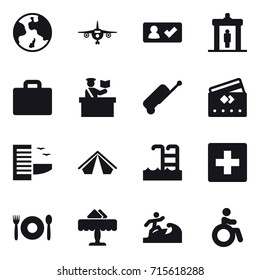 Set of 16 vector icons such as earth, plane, check in, detector, suitcase iocn, inspector, suitcase, credit card, hotel, tent, pool, first aid, cafe, restaurant, surfer, invalid