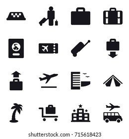 Set of 16 vector icons such as taxi, passenger, suitcase iocn, suitcase, passport, ticket, suitcase, baggage get, baggage, departure, hotel, tent, palm, baggage trolley, hotel, transfer
