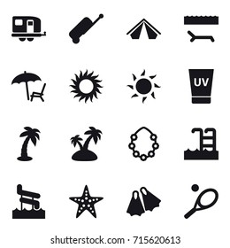 Set of 16 vector icons such as trailer, suitcase, tent, lounger, lounger, sun, sun, uv cream, palm, island, hawaiian wreath, pool, aquapark, starfish, flippers, tennis