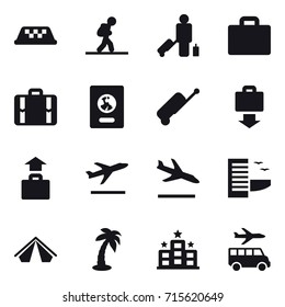 Set of 16 vector icons such as taxi, tourist, passenger, suitcase iocn, suitcase, passport, suitcase, baggage get, baggage, departure, arrival, hotel, tent, palm, hotel, transfer