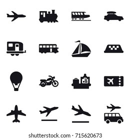 Set of 16 vector icons such as plane, train, train, car baggage, trailer, bus, sail boat, taxi, air ballon, motorcycle, baggage checking, ticket, airplane, departure, arrival, transfer