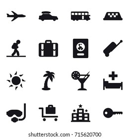 Set of 16 vector icons such as plane, car baggage, bus, taxi, tourist, suitcase, passport, suitcase, sun, palm, cocktail, hospital, diving mask, baggage trolley, hotel, key