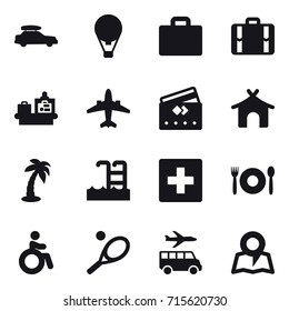 Set of 16 vector icons such as car baggage, air ballon, suitcase iocn, suitcase, baggage checking, airplane, credit card, bungalow, palm, pool, first aid, cafe, invalid, tennis, transfer, map