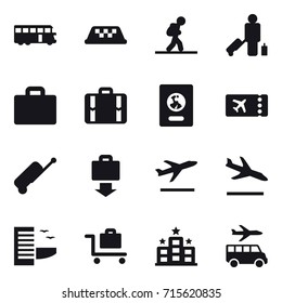 Set of 16 vector icons such as bus, taxi, tourist, passenger, suitcase iocn, suitcase, passport, ticket, suitcase, baggage get, departure, arrival, hotel, baggage trolley, hotel, transfer