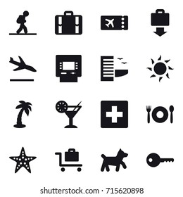 Set of 16 vector icons such as tourist, suitcase, ticket, baggage get, arrival, atm, hotel, sun, palm, cocktail, first aid, cafe, starfish, baggage trolley, dog, key