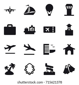 Set of 16 vector icons such as plane, sail boat, air ballon, airport tower, suitcase iocn, baggage checking, ticket, baggage, departure, arrival, hotel, bungalow, hawaiian wreath, aquapark, flippers