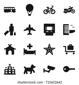 Set of 16 vector icons such as bus, air ballon, bike, motorcycle, passenger, airplane, atm, hotel, bungalow, hospital, starfish, baggage trolley, hotel, dog, surveillance, key