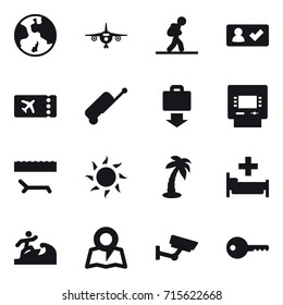 Set of 16 vector icons such as earth, plane, tourist, check in, ticket, suitcase, baggage get, atm, lounger, sun, palm, hospital, surfer, map, surveillance, key