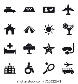 Set of 16 vector icons such as car baggage, taxi, check in, airplane, bungalow, tent, sun, cocktail, hospital, restaurant, starfish, diving mask, hotel, invalid, tennis, transfer