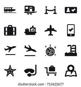 Set of 16 vector icons such as train, trailer, vip fence, check, suitcase, baggage checking, airplane, mobile checking, departure, arrival, disco ball, starfish, diving mask, baggage trolley, map