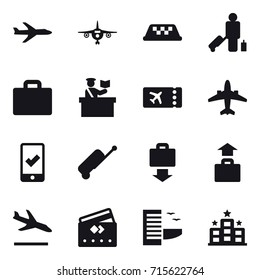 Set of 16 vector icons such as plane, plane, taxi, passenger, suitcase iocn, inspector, ticket, airplane, mobile checking, suitcase, baggage get, baggage, arrival, credit card, hotel, hotel