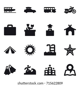 Set of 16 vector icons such as train, car baggage, bus, motorcycle, suitcase iocn, inspector, baggage, bungalow, tent, sun, pool, starfish, flippers, surfer, hotel, map