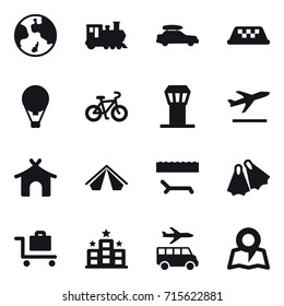 Set of 16 vector icons such as earth, train, car baggage, taxi, air ballon, bike, airport tower, departure, bungalow, tent, lounger, flippers, baggage trolley, hotel, transfer, map