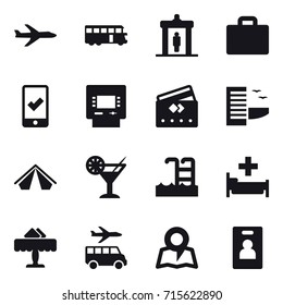 Set of 16 vector icons such as plane, bus, detector, suitcase iocn, mobile checking, atm, credit card, hotel, tent, cocktail, pool, hospital, restaurant, transfer, map, identity card