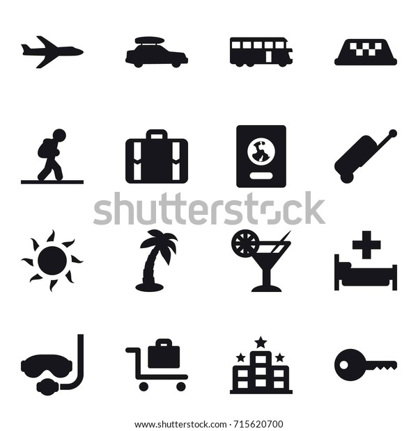 Set of 16 vector icons\
such as plane, car baggage, bus, taxi, tourist, suitcase, passport,\
suitcase, sun, palm, cocktail, hospital, diving mask, baggage\
trolley, hotel, key