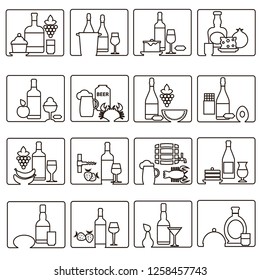 Set of 16 vector isolated black and white icons with food, drinks, bottles and glasses
