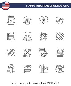 Set of 16 Vector Lines on 4th July USA Independence Day such as saloon; bar; love; day; religion Editable USA Day Vector Design Elements