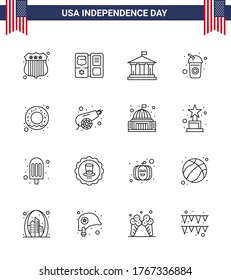 Set of 16 Vector Lines on 4th July USA Independence Day such as nutrition; donut; flag; soda; cola Editable USA Day Vector Design Elements