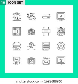 Set mit 16 Vektorillustrationen Umrisslinien auf Raster für Gesichtspinsel; Schönheit; Berg; TV; Design-Elemente für Vektorillustrationen im Internet
