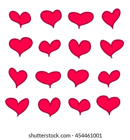 Set of 16 vector red pink calligraphic handdrawn hearts with dark border
