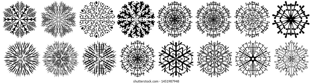 Set of 16 vector snowflakes of black color on a white background in the style of hand-drawing. Original snowflakes for the design of winter themes.