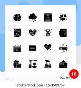 Set of 16 Vector Solid Glyphs on Grid for data; break; interface; wheel; gear Editable Vector Design Elements