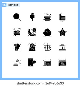 Set of 16 Vector Solid Glyphs on Grid for camera; factory; dish; energy; consumption Editable Vector Design Elements