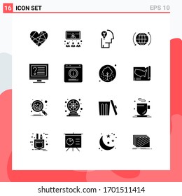 Set of 16 Vector Solid Glyphs on Grid for internet; global; presentation; solution; mind Editable Vector Design Elements