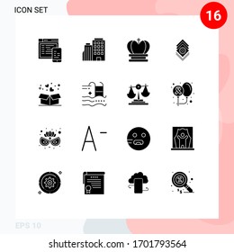 Set of 16 Vector Solid Glyphs on Grid for love; server; crown; bundle; gear Editable Vector Design Elements