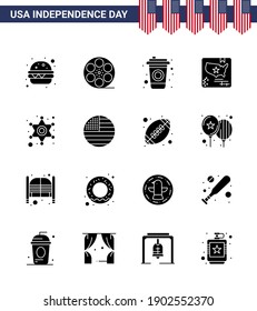 Set of 16 Vector Solid Glyphs on 4th July USA Independence Day such as police sign; police; cola; men; map Editable USA Day Vector Design Elements