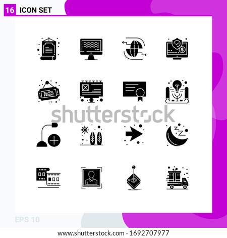 Set of 16 Vector Solid Glyphs on Grid for sign; screen; globe; online; money Editable Vector Design Elements