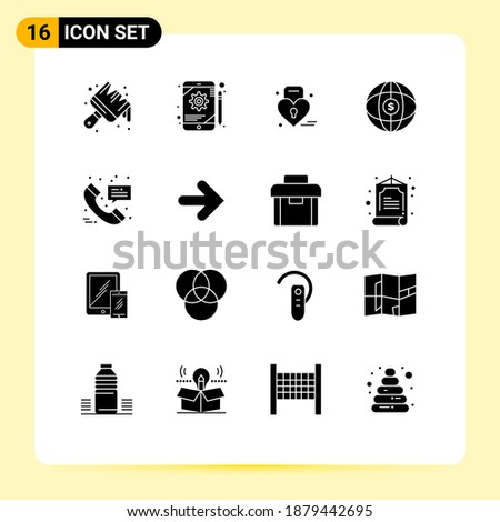 Set of 16 Vector Solid Glyphs on Grid for hospital call; dollar; louck; internet; world Editable Vector Design Elements