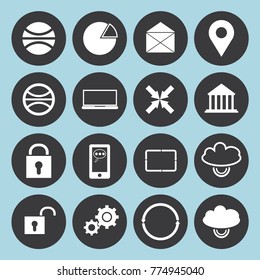 Set of 16 vector white icons for business in black circles in blue background.